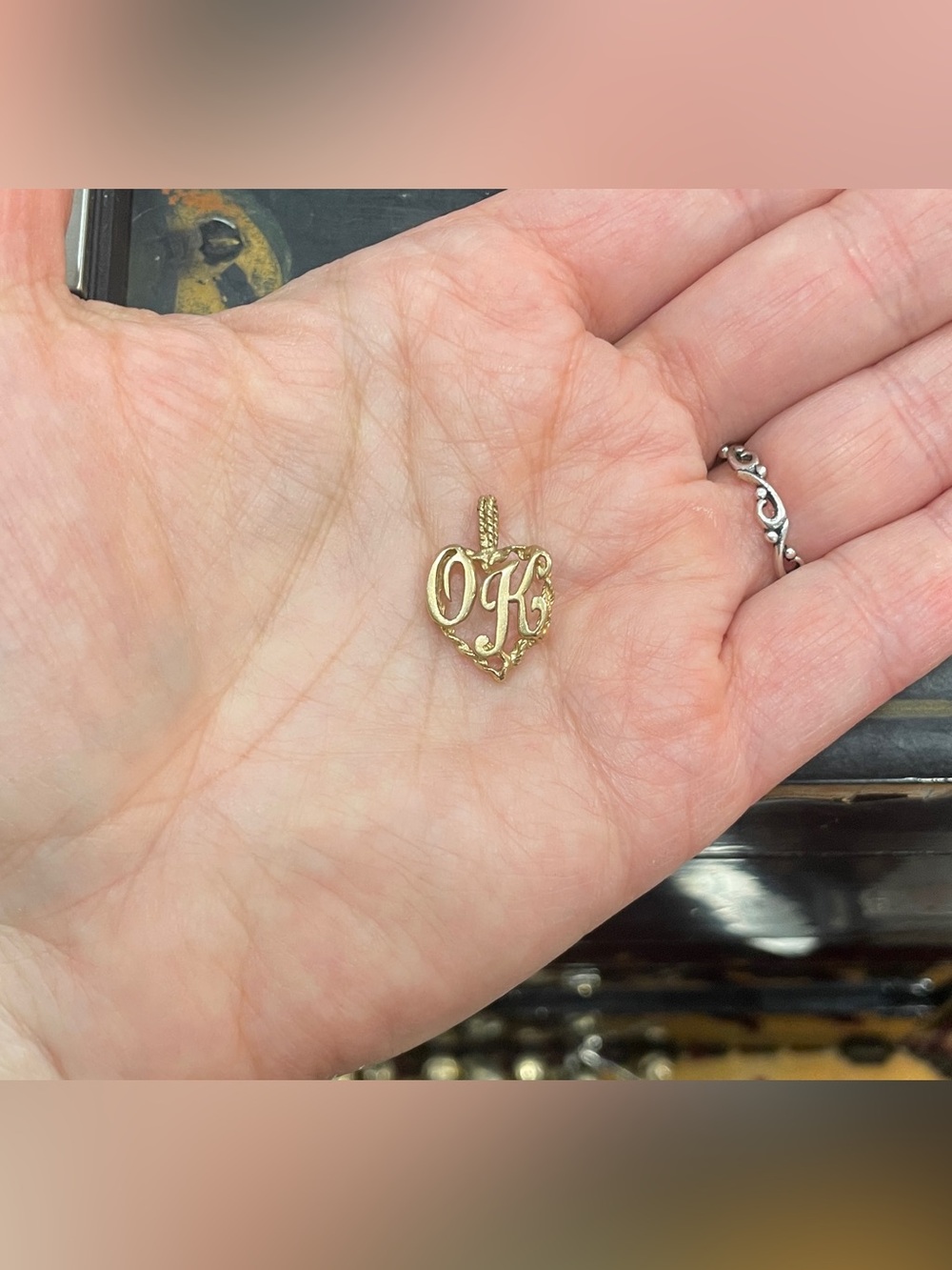 Vintage 14K Yellow Gold initials OK Heart pendant
